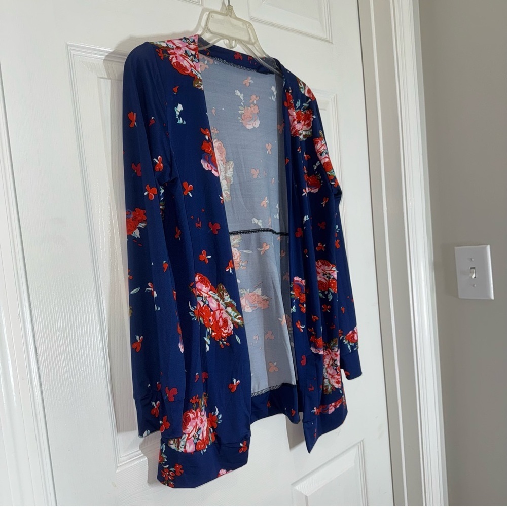 Navy Blue Floral Open Front Long Sleeve Cardigan - Picture 5 of 14